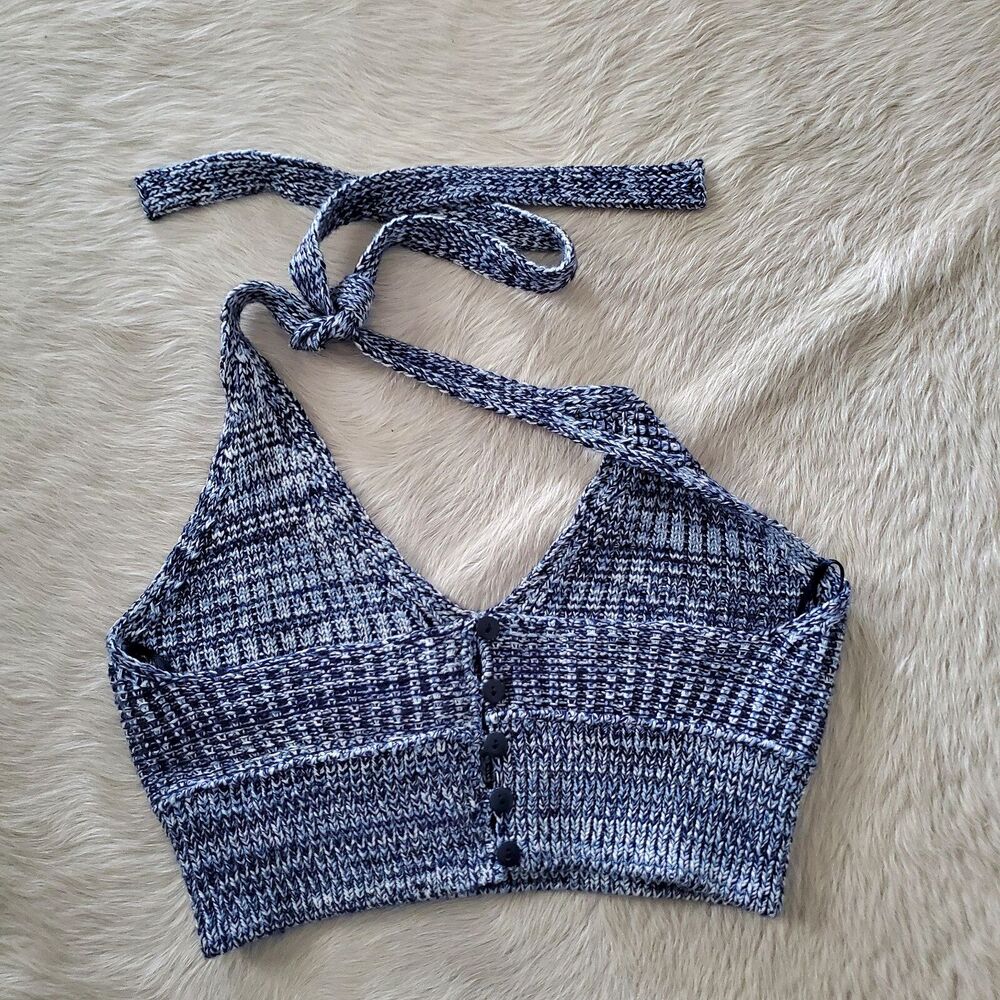 NWT Topshop Women’s Halter Top Size 4 Blue White Knit Crochet Top Stretch Y2K